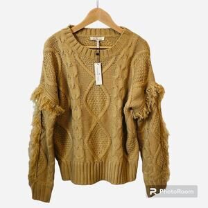 Emmie Rose Cableknit Sweater Womens Medium Brown Fringe Cottagecore Prairie Boho